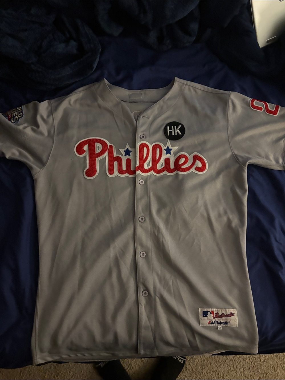 Majestic Gray Phillies adult Button-Up Jersey with Red Script